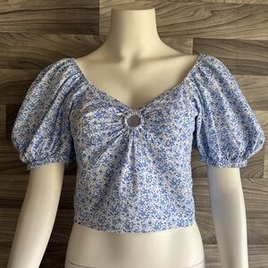 Blue and White Ruched Puff Sleeve Crop Blouse